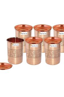 Prisha India Craft Pure Copper Embossed Design Glass Tumbler  240 ML  Set of 6