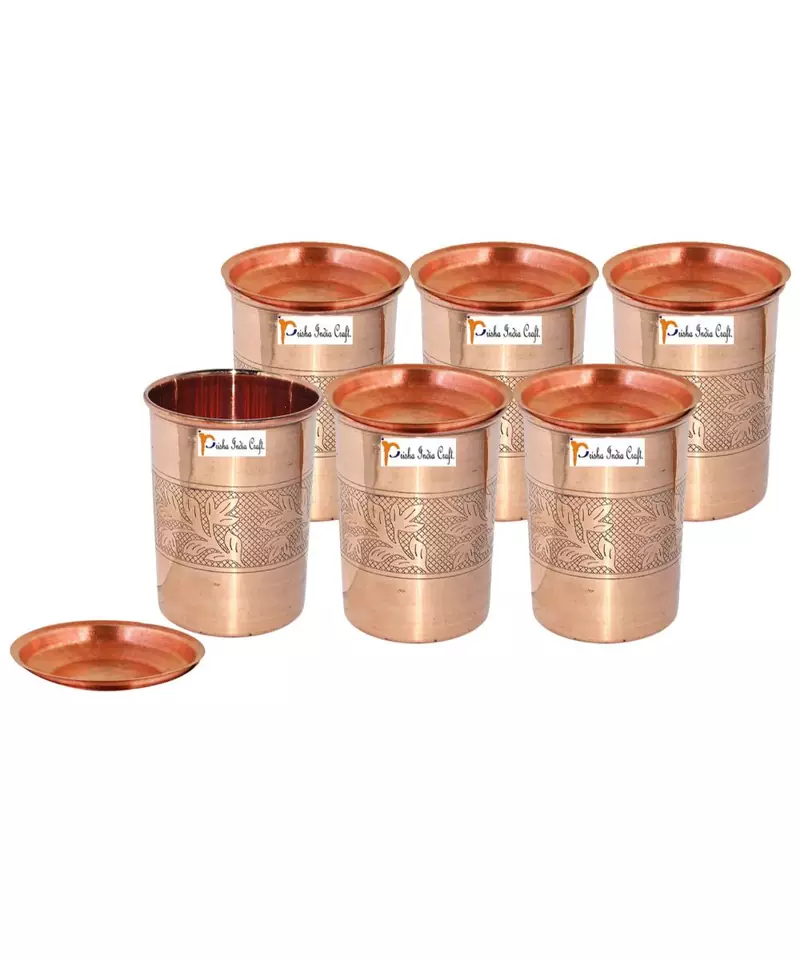 Prisha India Craft Pure Copper Embossed Design Glass Tumbler  240 ML  Set of 6