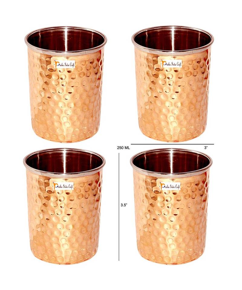 Prisha India Craft Hammered Design Steel Copper Glass Tumbler  Drinkware & Serveware Set  Capacity 250 ML  Set of 4