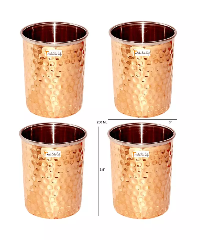 Prisha India Craft Hammered Design Steel Copper Glass Tumbler  Drinkware & Serveware Set  Capacity 250 ML  Set of 4