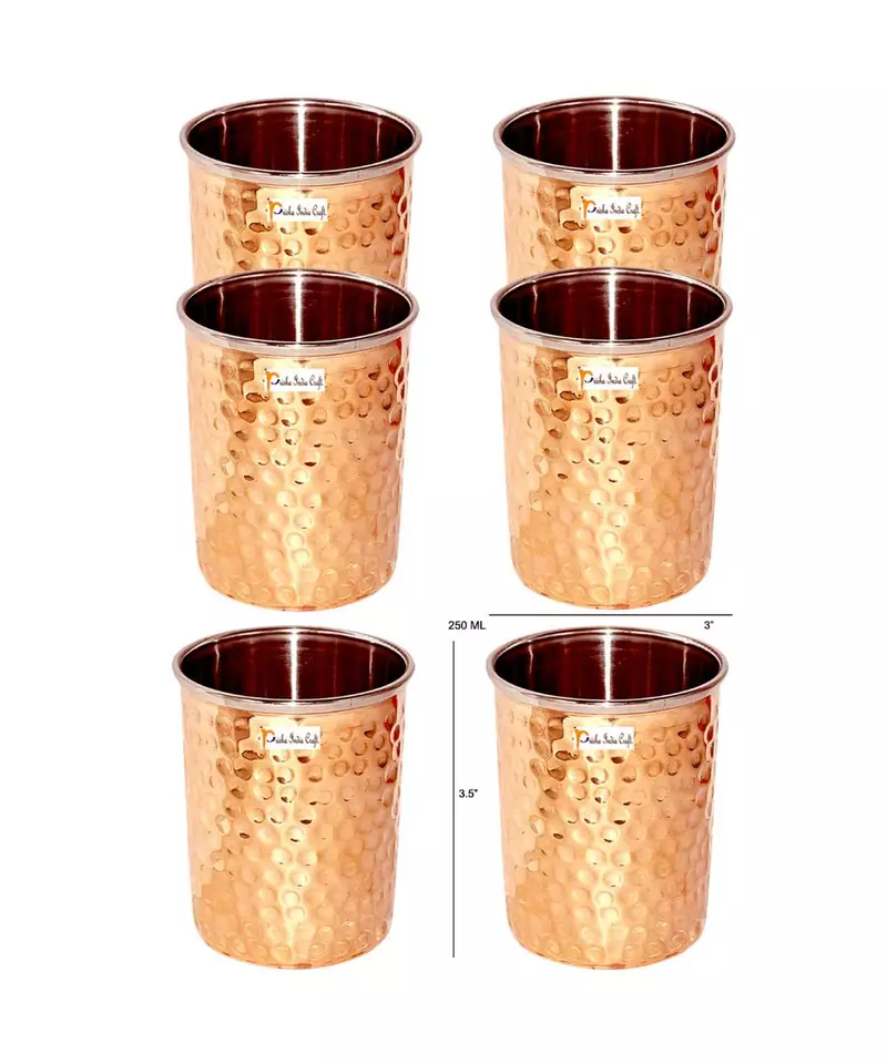 Prisha India Craft Hammered Design Copper Steel Glass Tumbler  Drinkware & Serveware Set  Capacity 250 ML  Set of 6