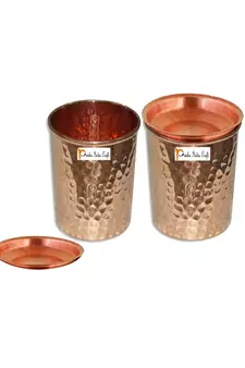 Prisha India Craft Hammered Design Pure Copper Water Glass Tumbler  250 ML  Set of 2