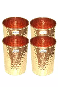 Prisha India Craft Pure Copper Glass Tumbler  Hammered Design  Capacity 250 ML  Set of 4