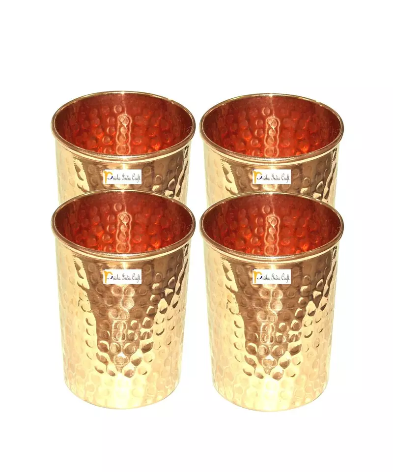 Prisha India Craft Pure Copper Glass Tumbler  Hammered Design  Capacity 250 ML  Set of 4