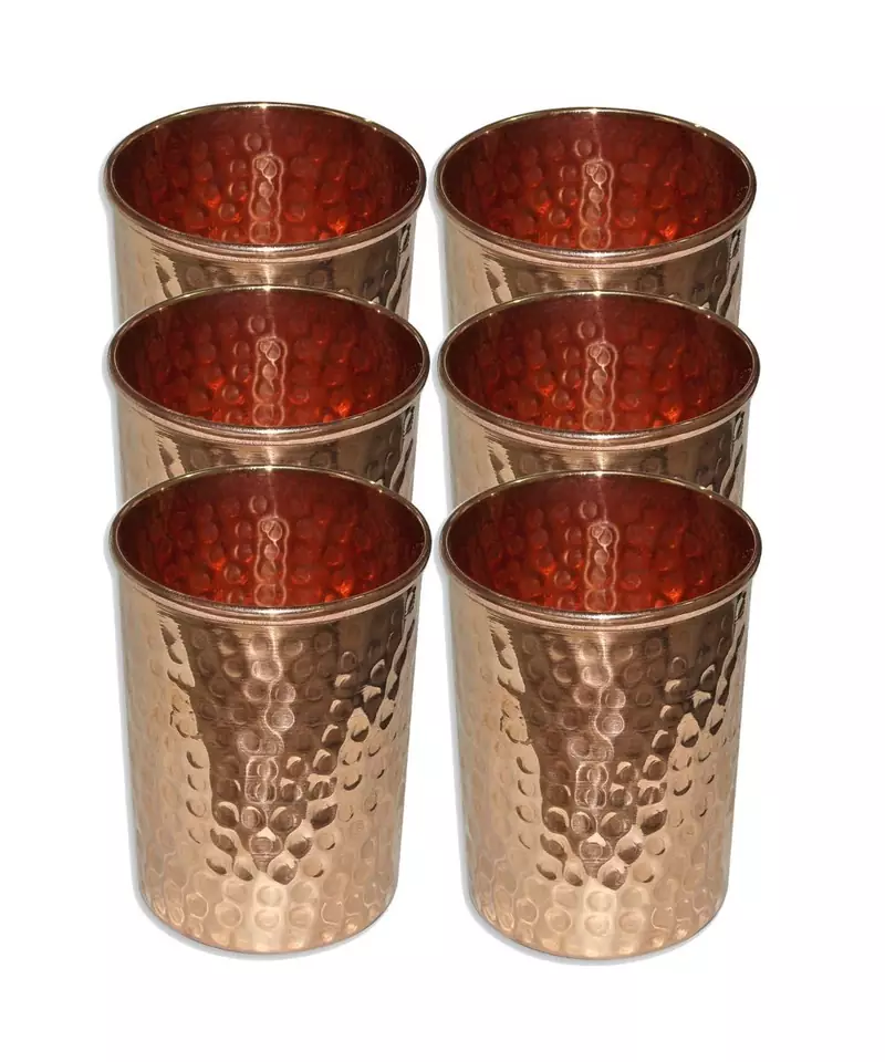 Prisha India Craft Copper Ayurvedic Health Benefits Water Glass Tableware Drinkware Tumbler  Set of 6  Gold