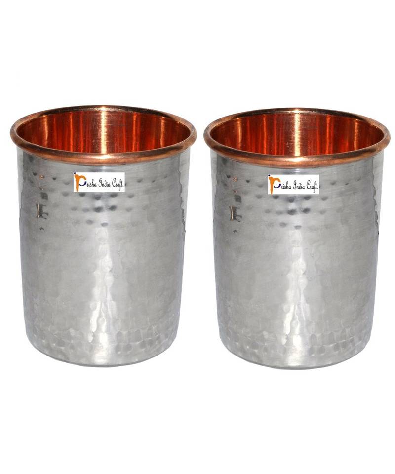 Prisha India Craft Hammered Design Steel Copper Glass Tumbler  Drinkware & Serveware Set  Capacity 250 ML  Set of 2