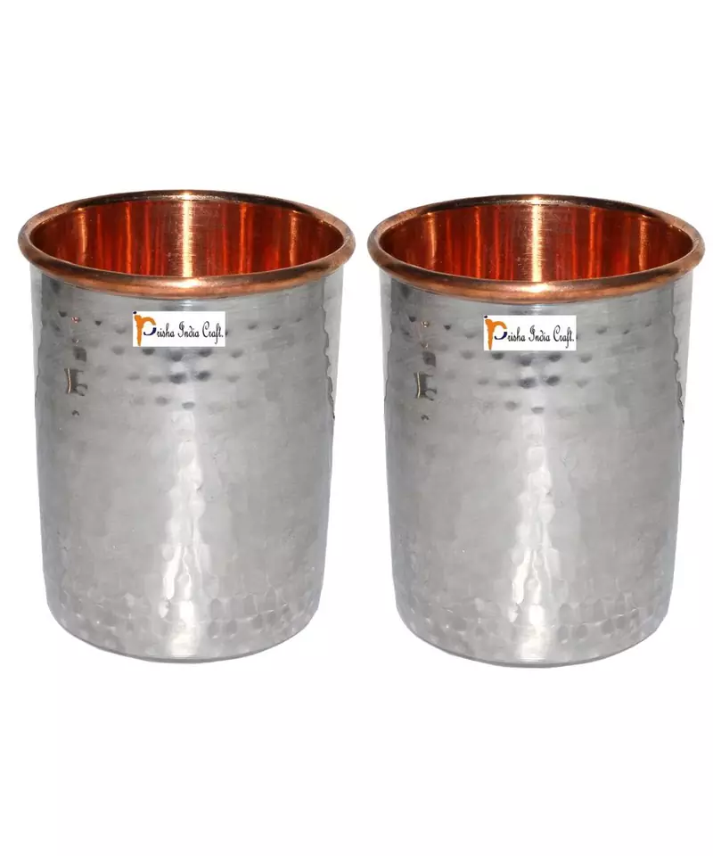 Prisha India Craft Hammered Design Steel Copper Glass Tumbler  Drinkware & Serveware Set  Capacity 250 ML  Set of 2