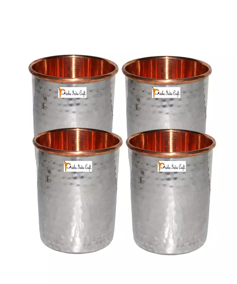Prisha India Craft Hammered Design Steel Copper Glass Tumbler  Drinkware & Serveware Set  Capacity 250 ML  Set of 4