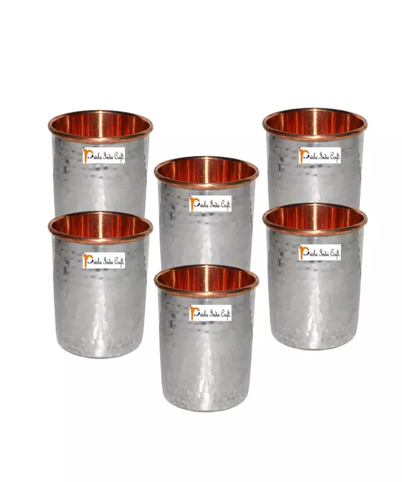 Prisha India Craft Hammered Design Copper Steel Glass Tumbler  Drinkware & Serveware Set  Capacity 250 ML  Set of 6