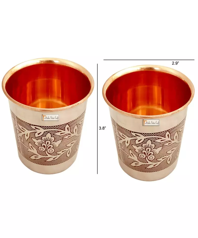 Prisha India Craft Embossed Design Steel Copper Glass Tumbler  Drinkware & Serveware Set  Capacity 250 ML  Set of 2