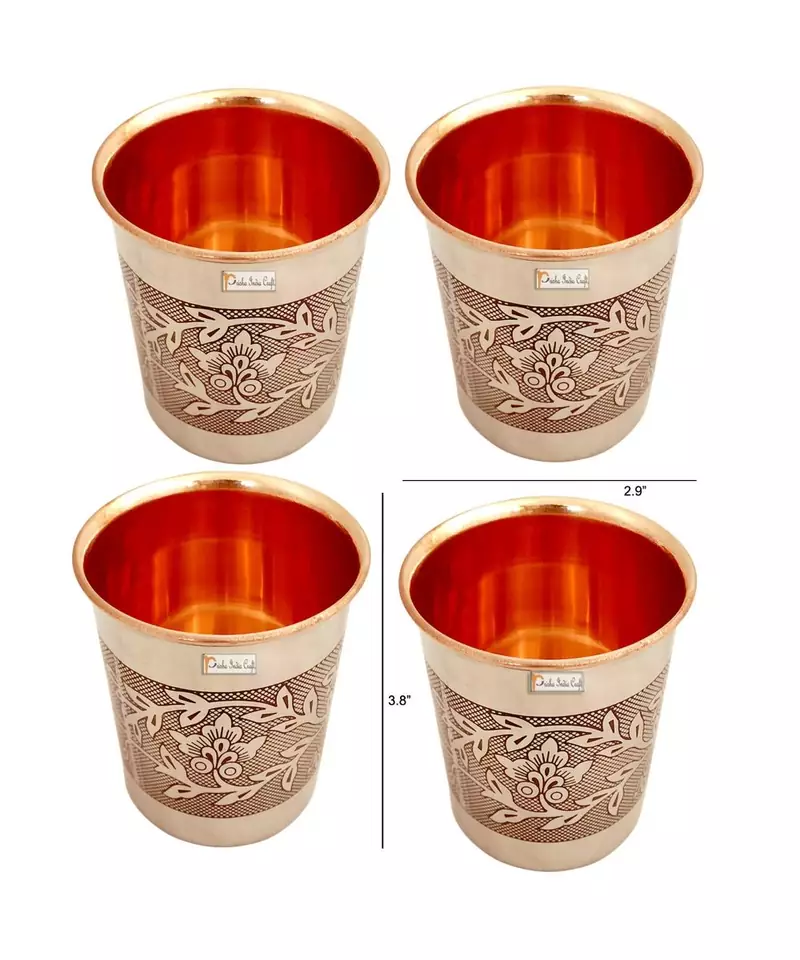 Prisha India Craft Embossed Design Steel Copper Glass Tumbler  Drinkware & Serveware Set  Capacity 250 ML  Set of 4