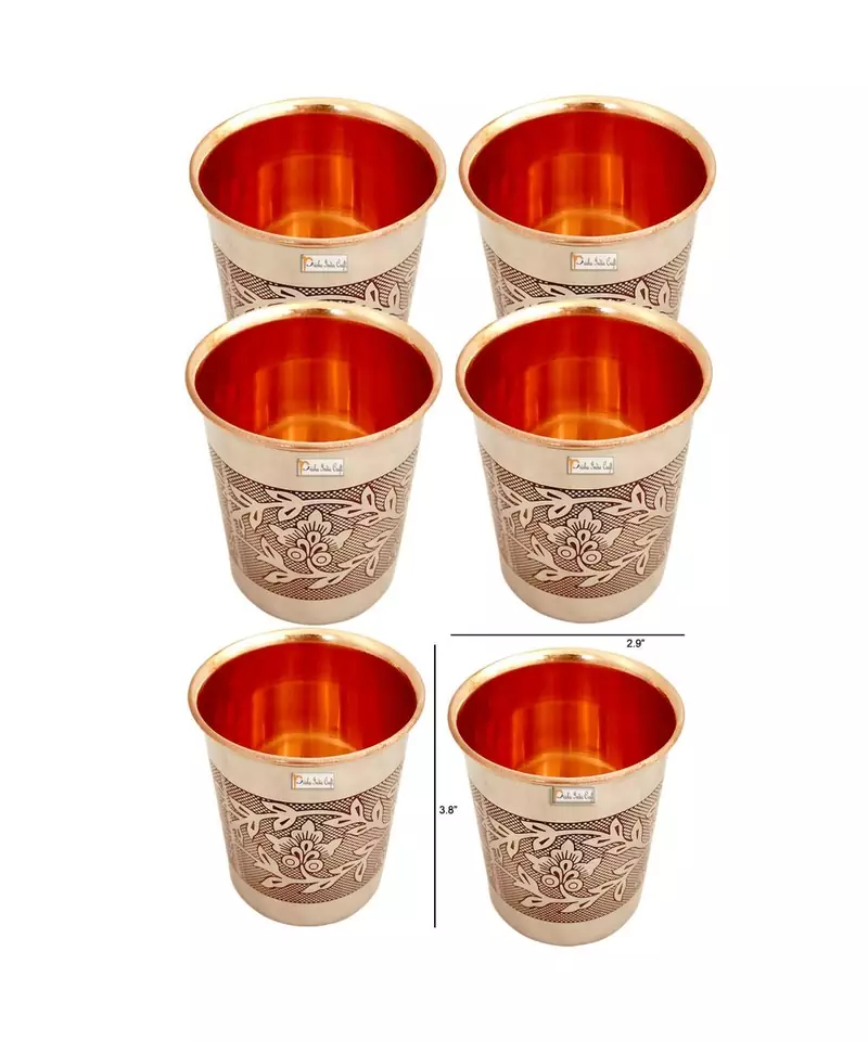 Prisha India Craft Embossed Design Steel Copper Glass Tumbler  Drinkware & Serveware Set  Capacity 250 ML  Set of 6