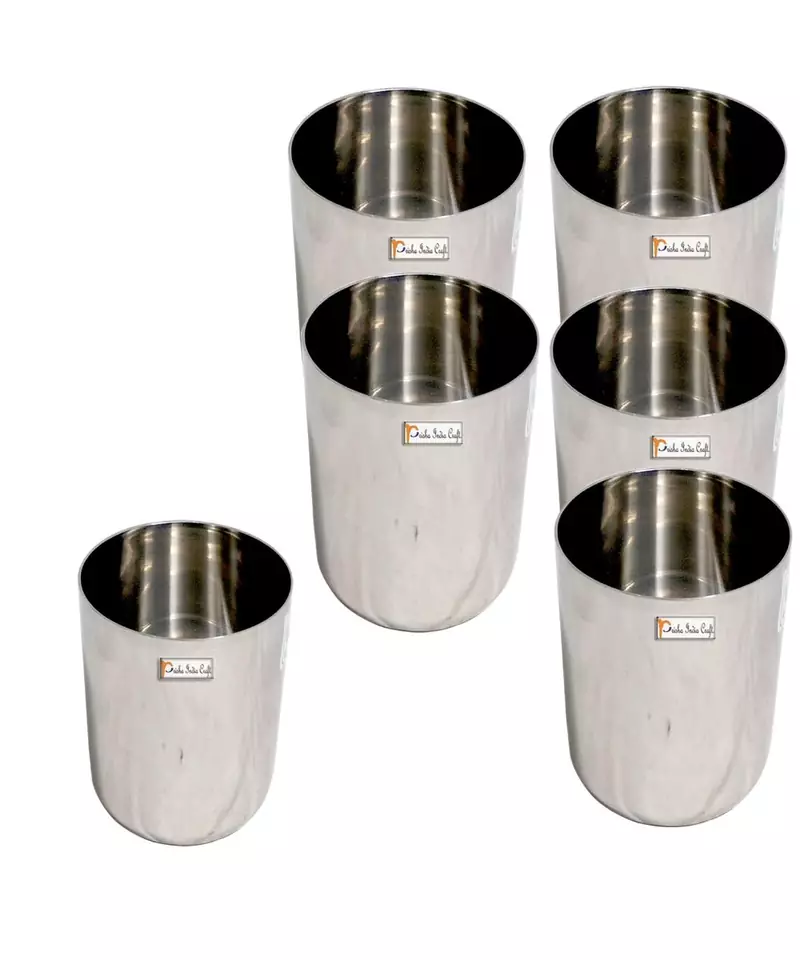 Prisha India Craft Stainless Steel Tumbler  300 Ml  Set of 6  Silver