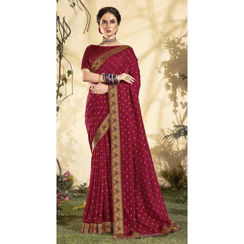 Maroon printed chanderi silk saree with blouse