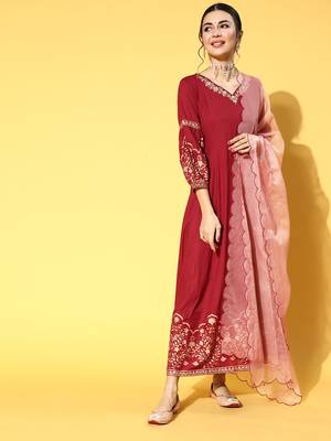 Maroon embroidered rayon ethnic-kurtis 1