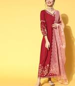 Maroon embroidered rayon ethnic-kurtis