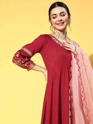Maroon embroidered rayon ethnic-kurtis 4