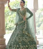 Green embroidered net semi stitched lehenga