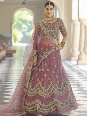 Mauve embroidered net semi stitched lehenga 1