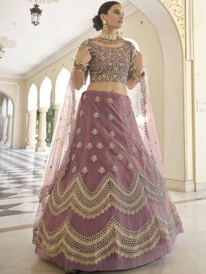 Mauve embroidered net semi stitched lehenga 2