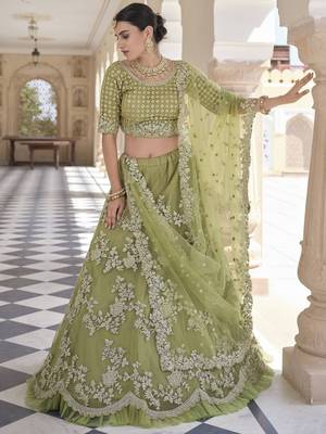 Olive embroidered net semi stitched lehenga 1