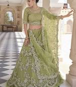 Olive embroidered net semi stitched lehenga