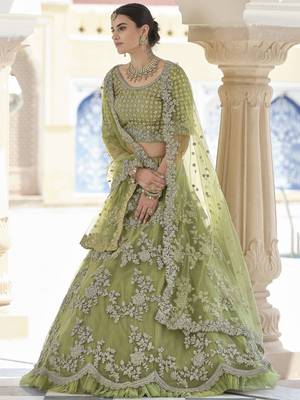 Olive embroidered net semi stitched lehenga 2