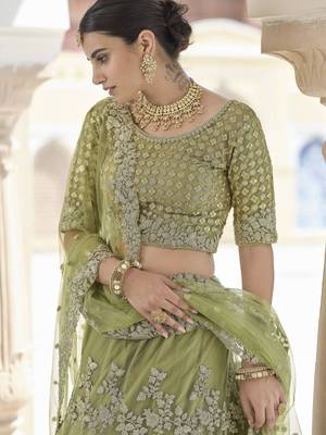 Olive embroidered net semi stitched lehenga 4