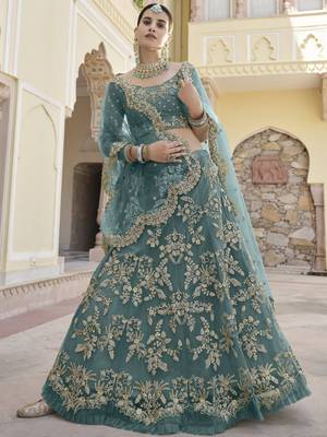 Green embroidered net semi stitched lehenga 1
