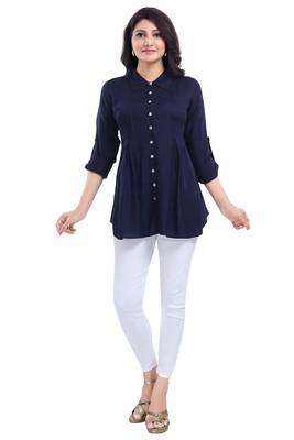 Blue plain rayon short-kurtis 1