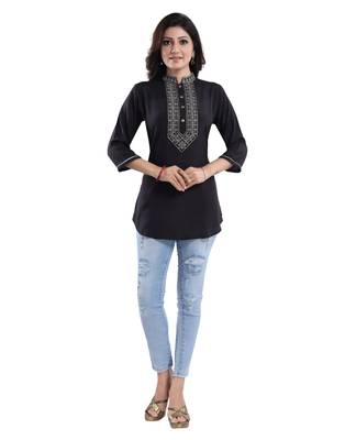 Black plain art silk short-kurtis 1