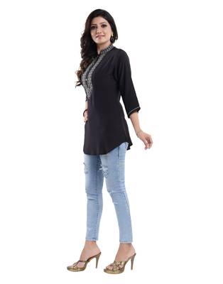 Black plain art silk short-kurtis 3