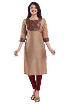 Beige plain cotton silk long-kurtis