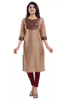 Beige plain cotton silk long-kurtis