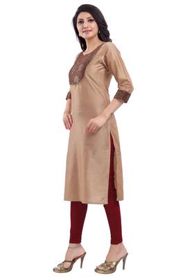 Beige plain cotton silk long-kurtis 3