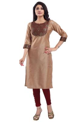 Beige plain cotton silk long-kurtis 4