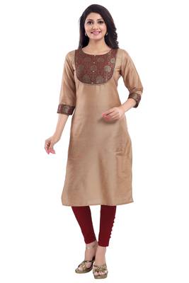 Beige plain cotton silk long-kurtis 5
