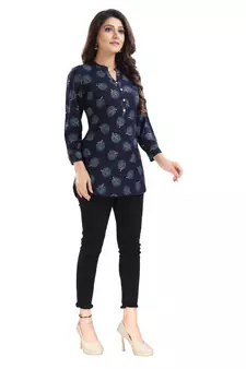 Blue printed rayon short-kurtis