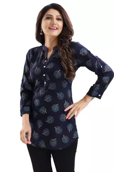 Blue printed rayon short-kurtis