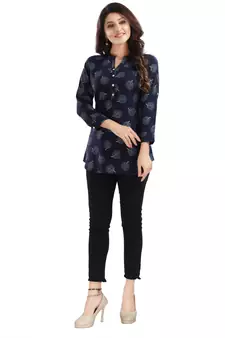 Blue printed rayon short-kurtis