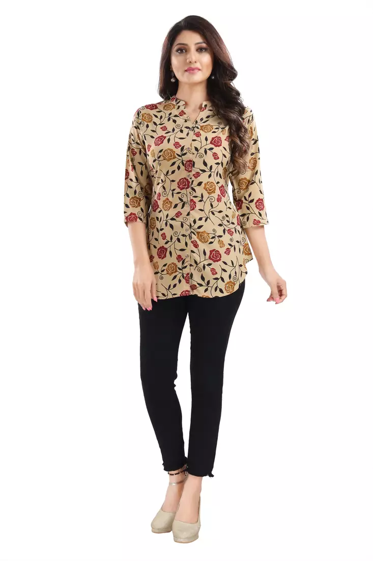 Beige printed crepe short-kurtis