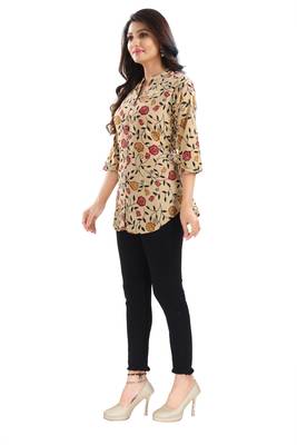 Beige printed crepe short-kurtis 4