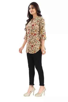 Beige printed crepe short-kurtis