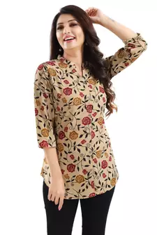 Beige printed crepe short-kurtis
