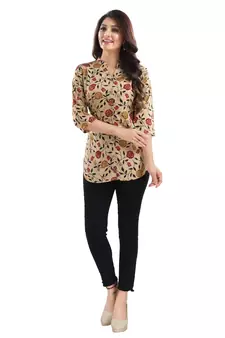 Beige printed crepe short-kurtis