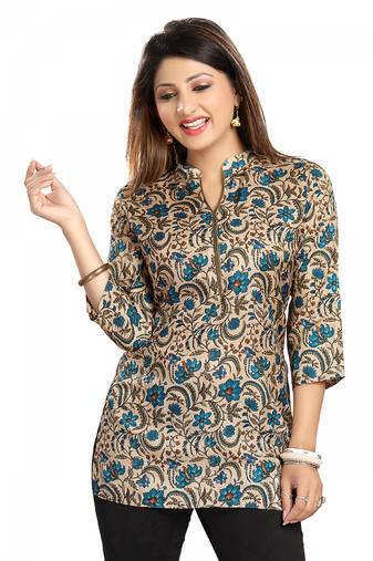 Beige printed art silk short-kurtis
