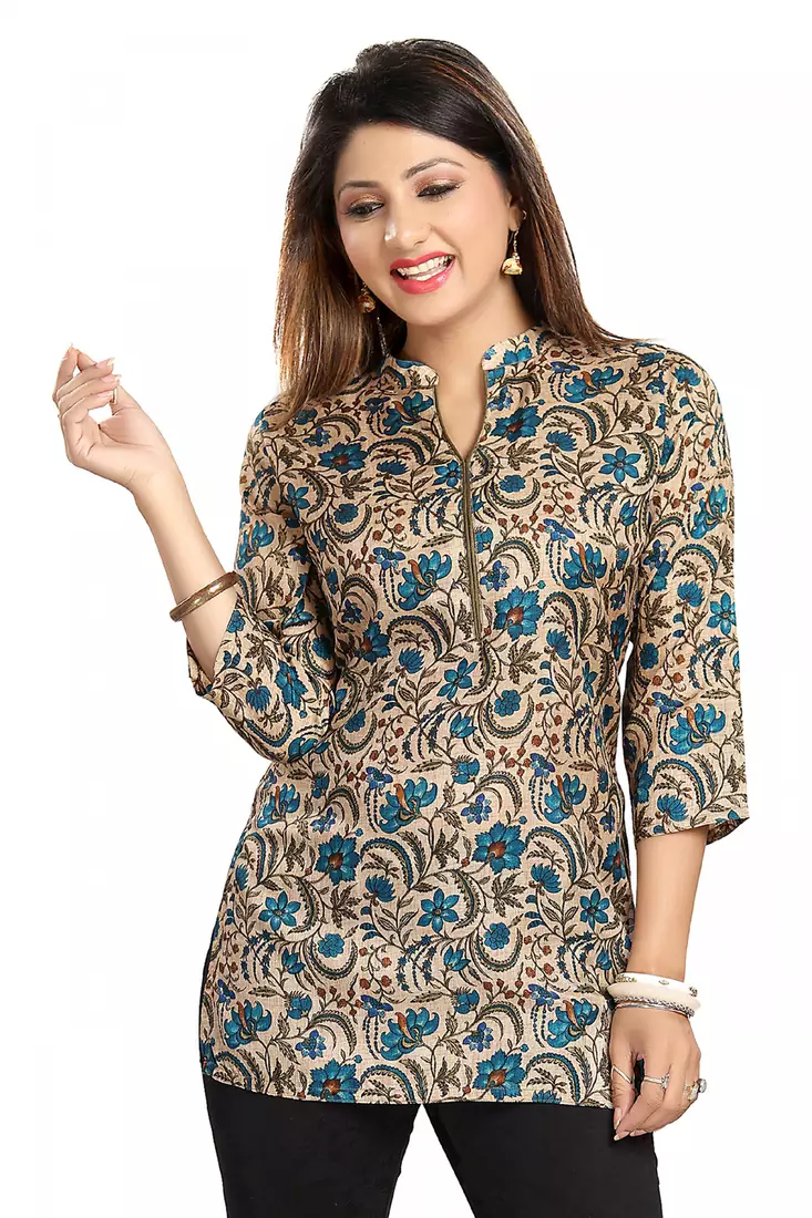 Beige printed art silk short-kurtis