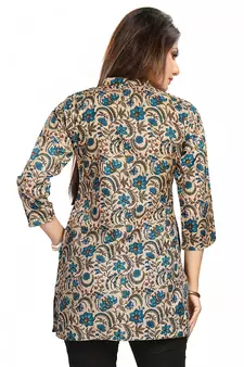 Beige printed Cotton Blend short-kurtis