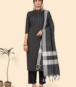 Printed Straight Cotton Black Stitched Kurta Pant With Dupatta
