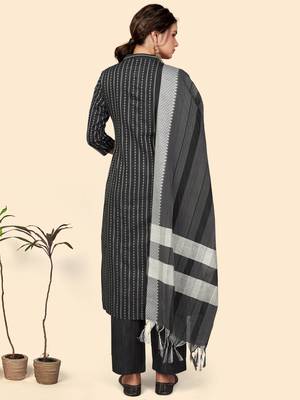 Printed Straight Cotton Black Stitched Kurta Pant With Dupatta 2